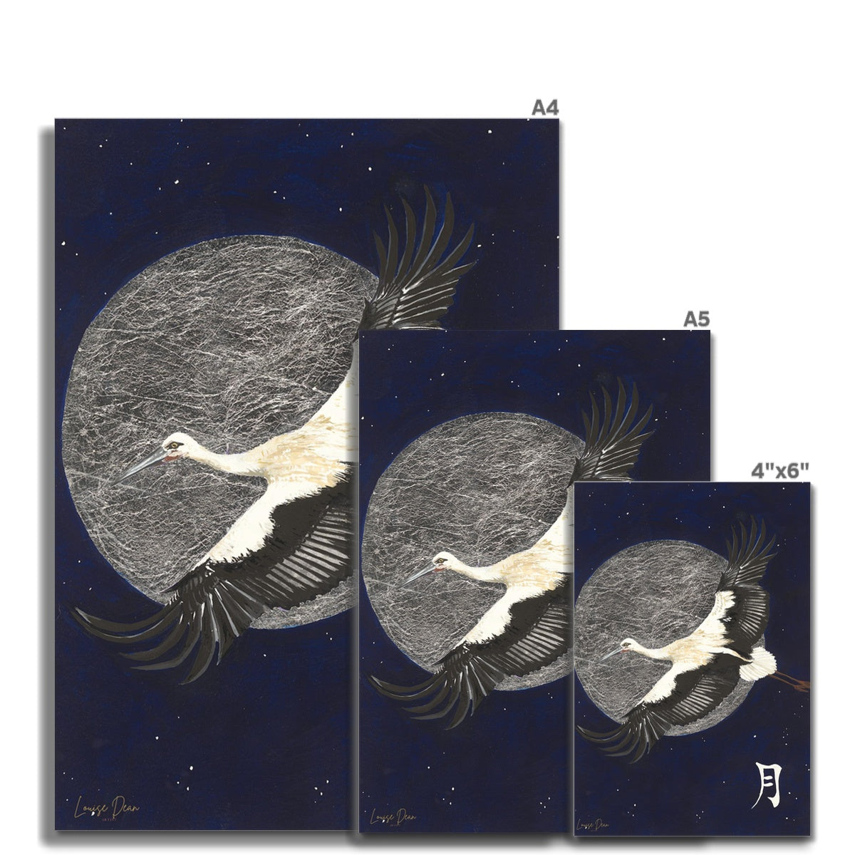 Crane and Moon - Japanese Crane flying across a Silver Moon | Fine Art Print