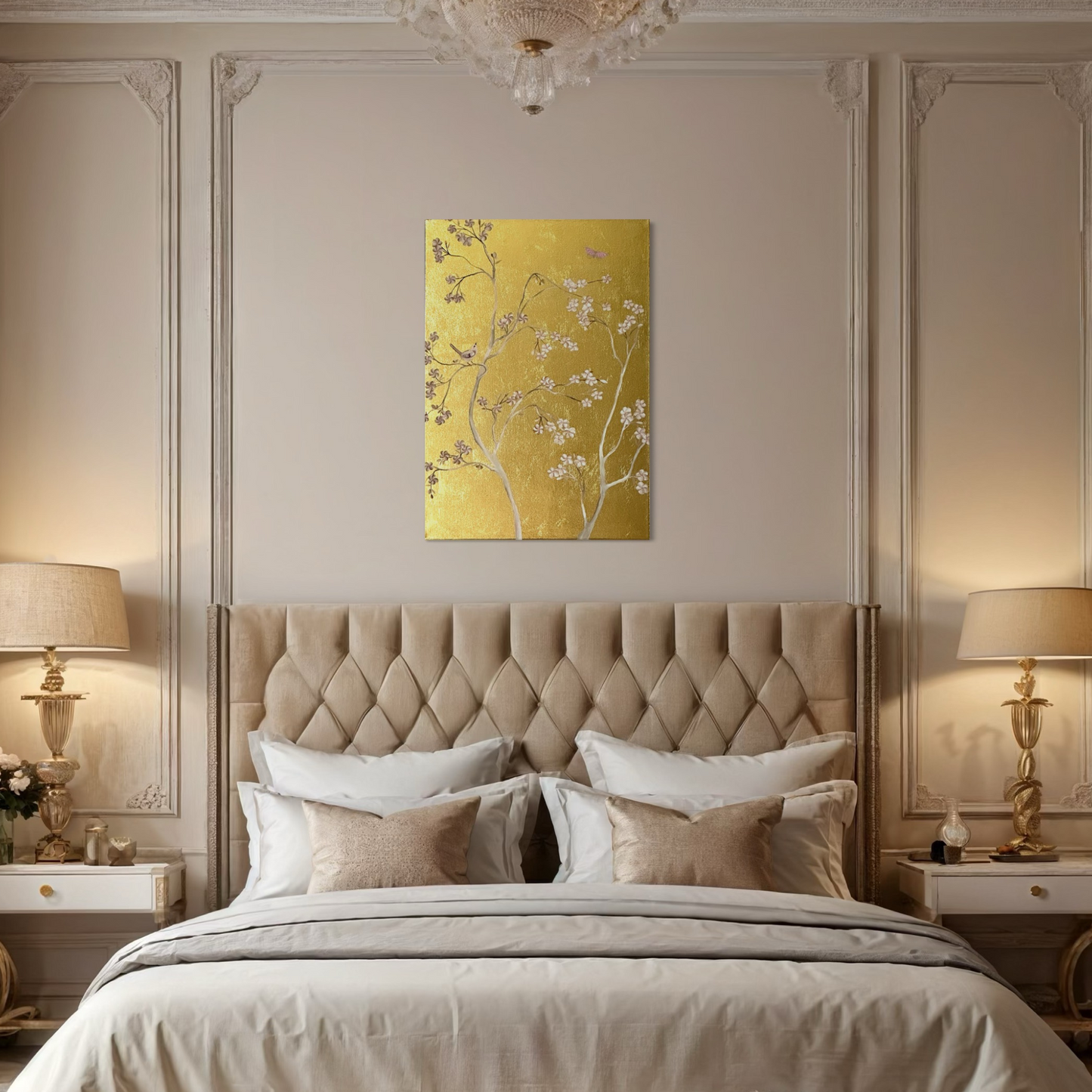 A decorative bedroom with Gold Leaf Chinoiserie panel