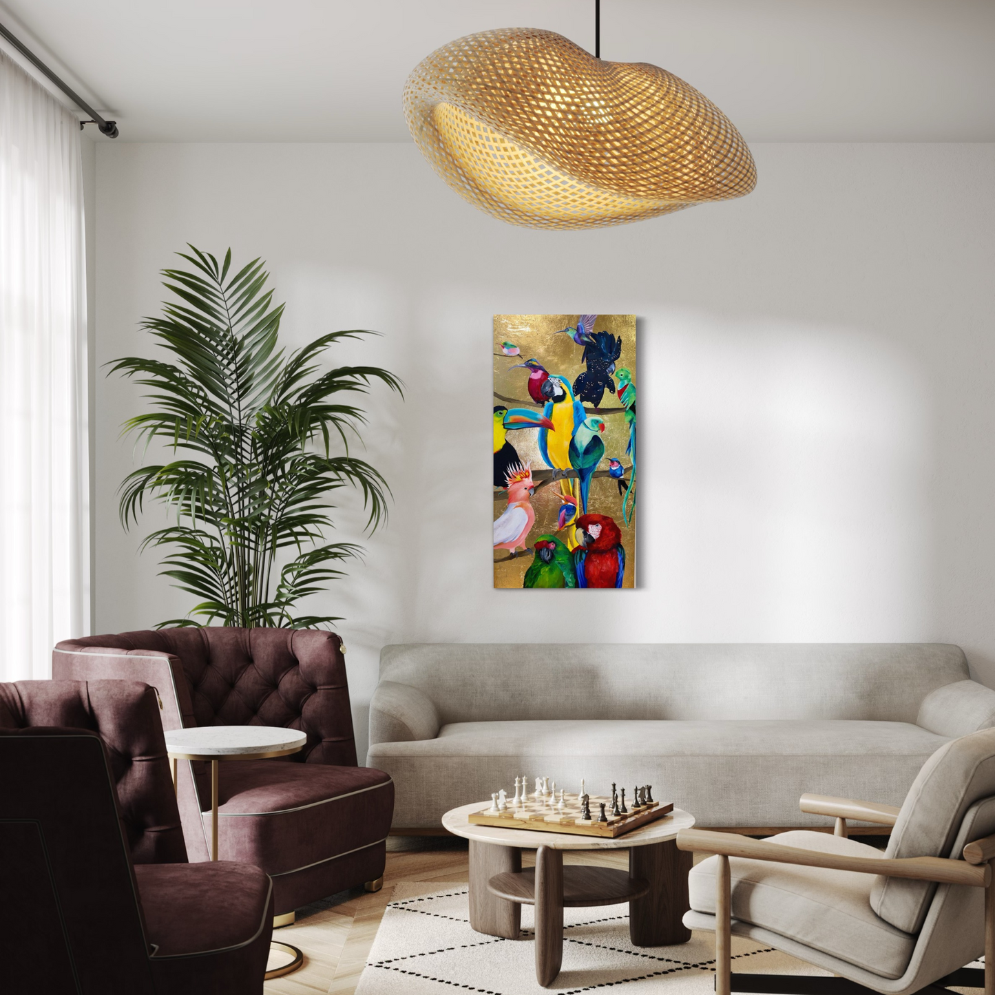 Feathered Fantasia | Original Tropical Bird Painting on Gold Leaf Canvas