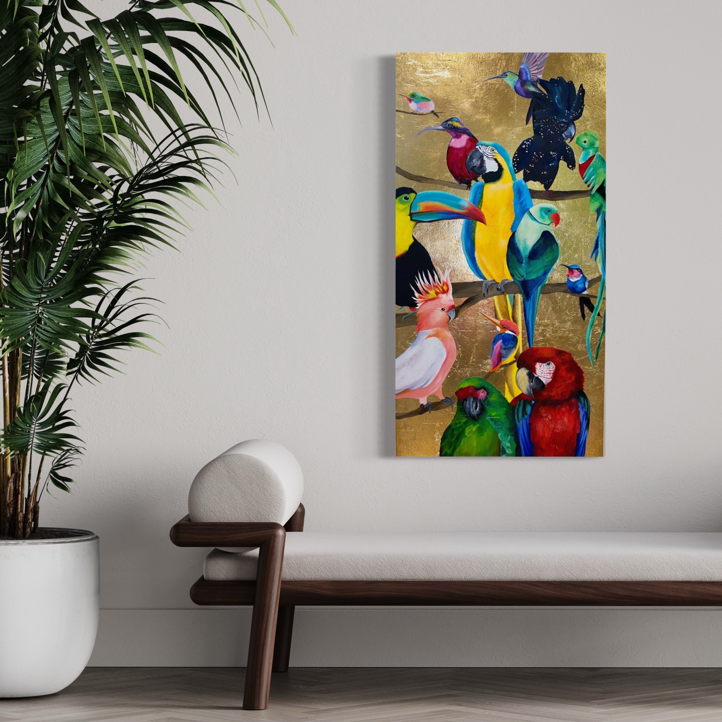 Feathered Fantasia | Original Tropical Bird Painting on Gold Leaf Canvas