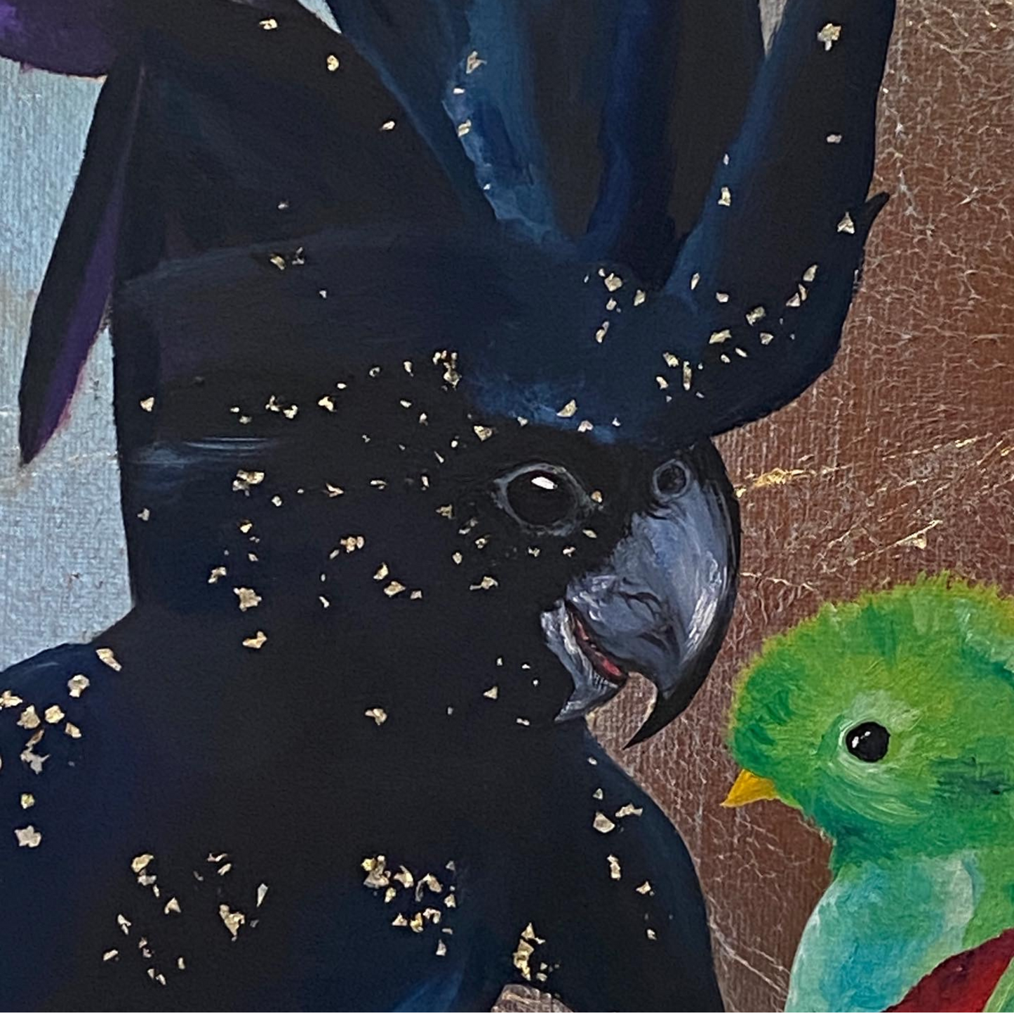 Feathered Fantasia | Original Tropical Bird Painting on Gold Leaf Canvas