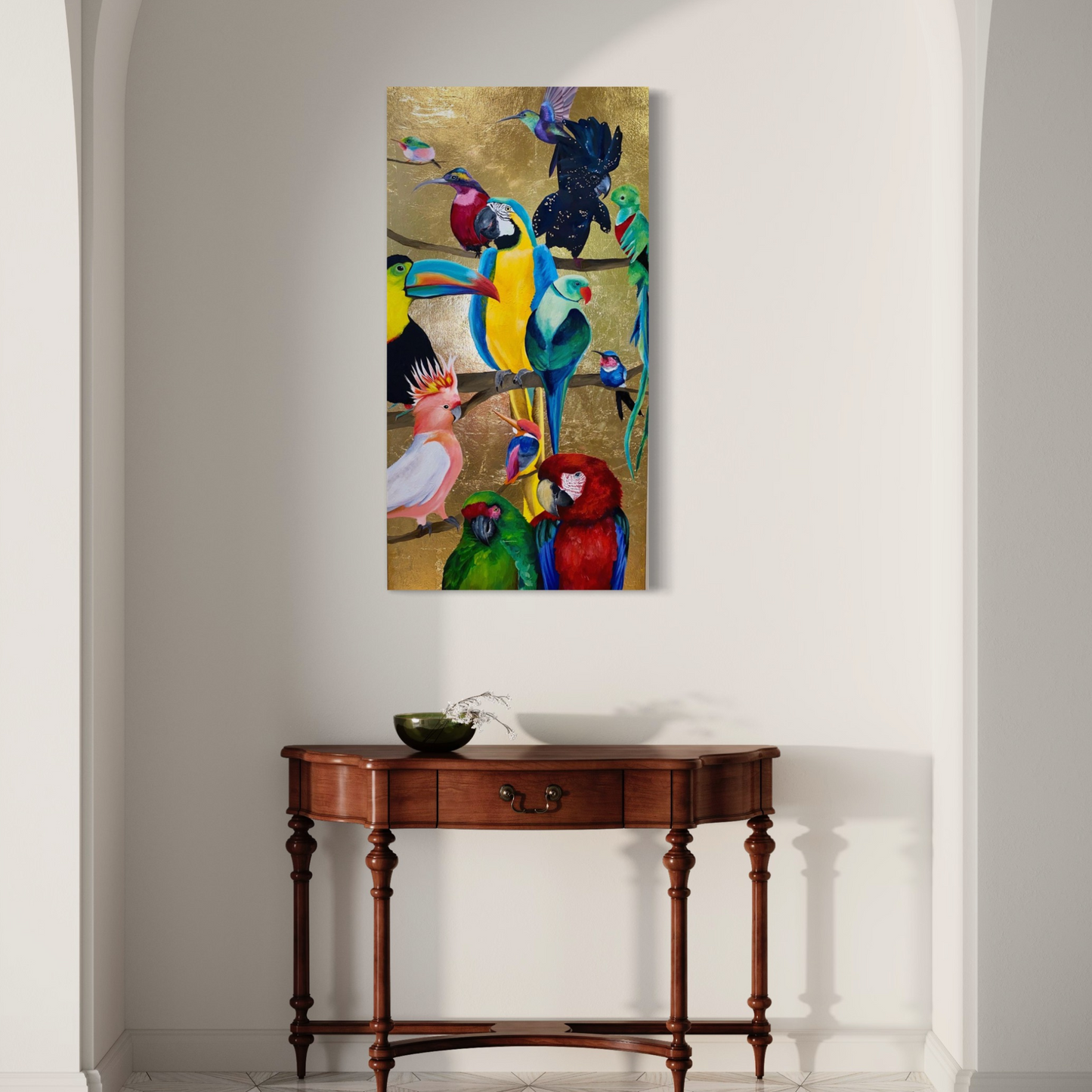 Feathered Fantasia | Original Tropical Bird Painting on Gold Leaf Canvas