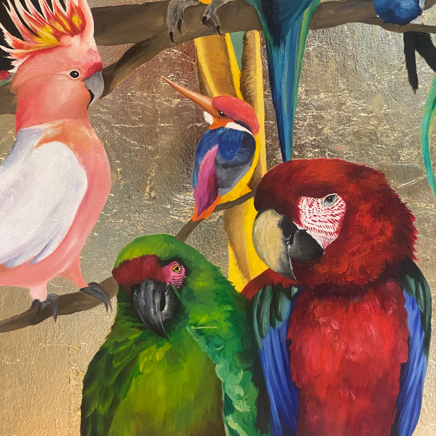 Feathered Fantasia | Original Tropical Bird Painting on Gold Leaf Canvas