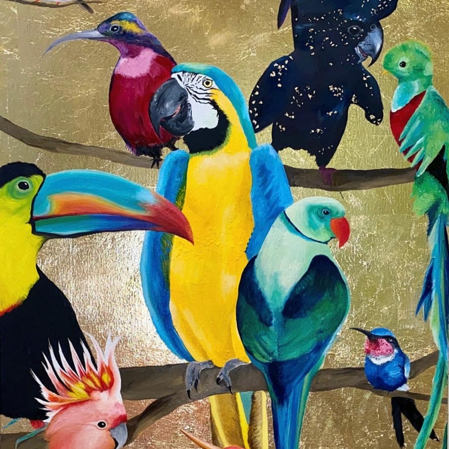 Feathered Fantasia | Original Tropical Bird Painting on Gold Leaf Canvas