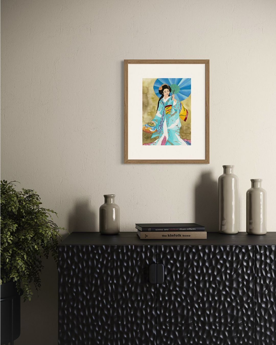 Framed print of the geisha artwork displayed in a modern interior setting