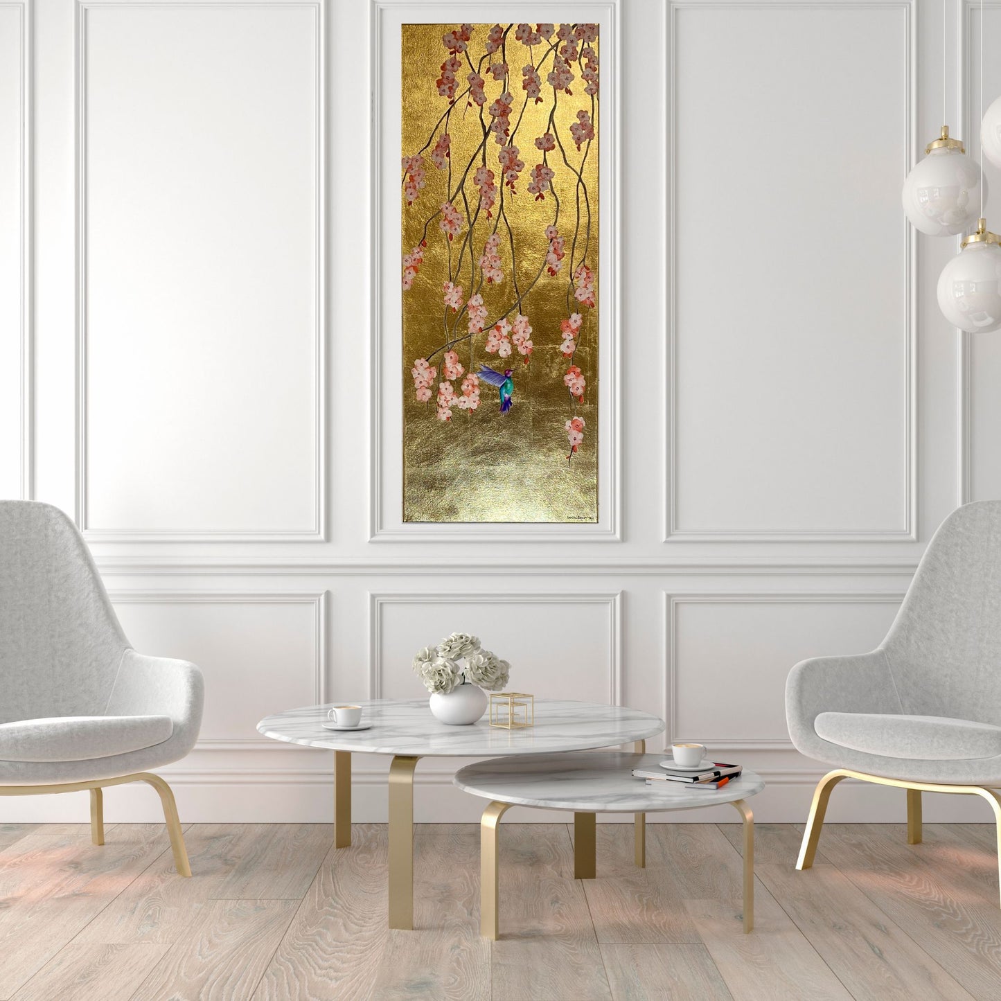 Trailing Blossom and Hummingbird on Goldleaf - Sakura Peach