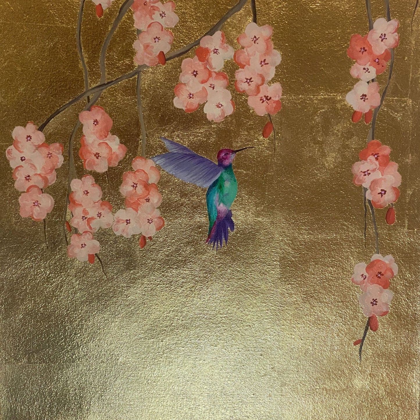 Trailing Blossom and Hummingbird on Goldleaf - Sakura Peach