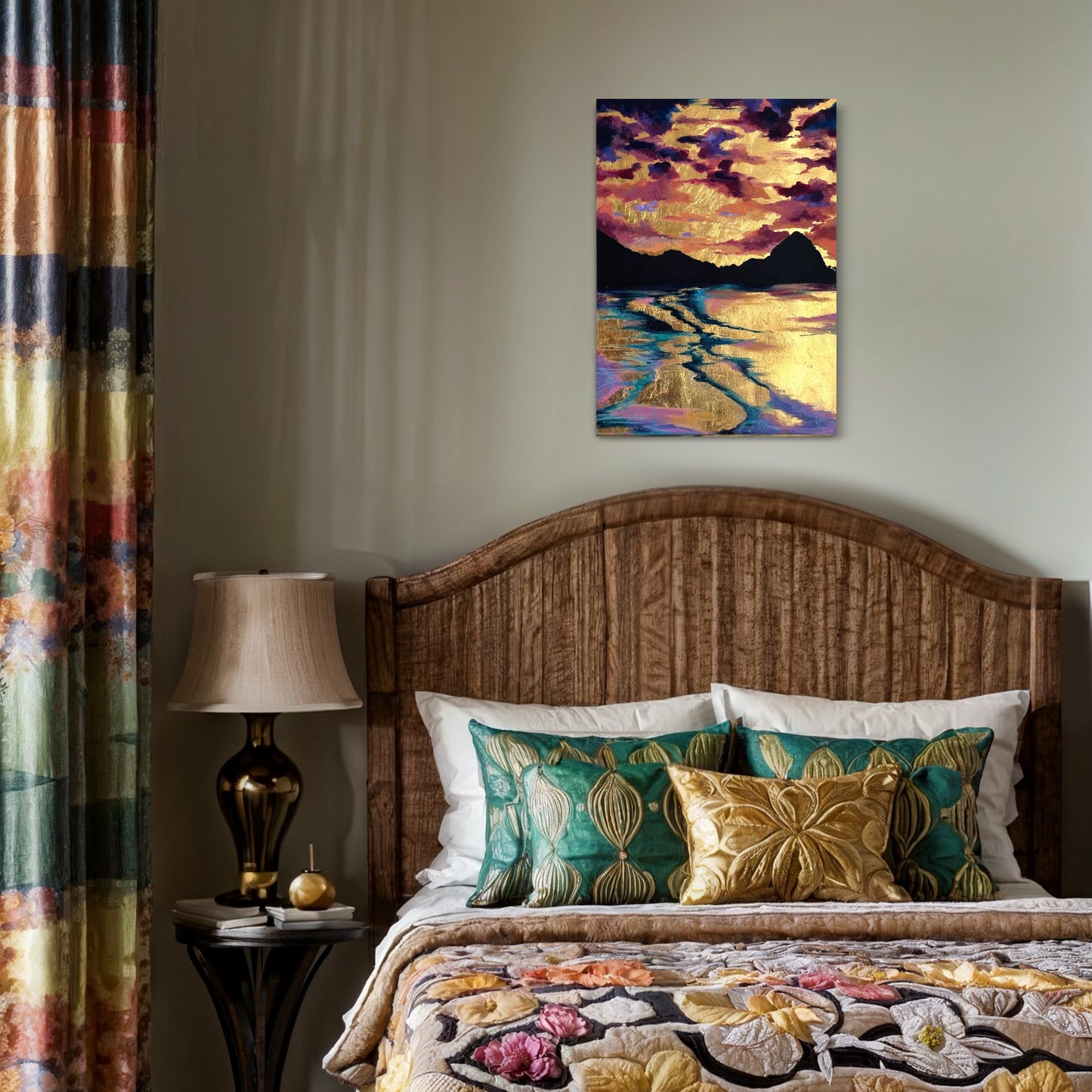 sunset artwork on a bedroom wall