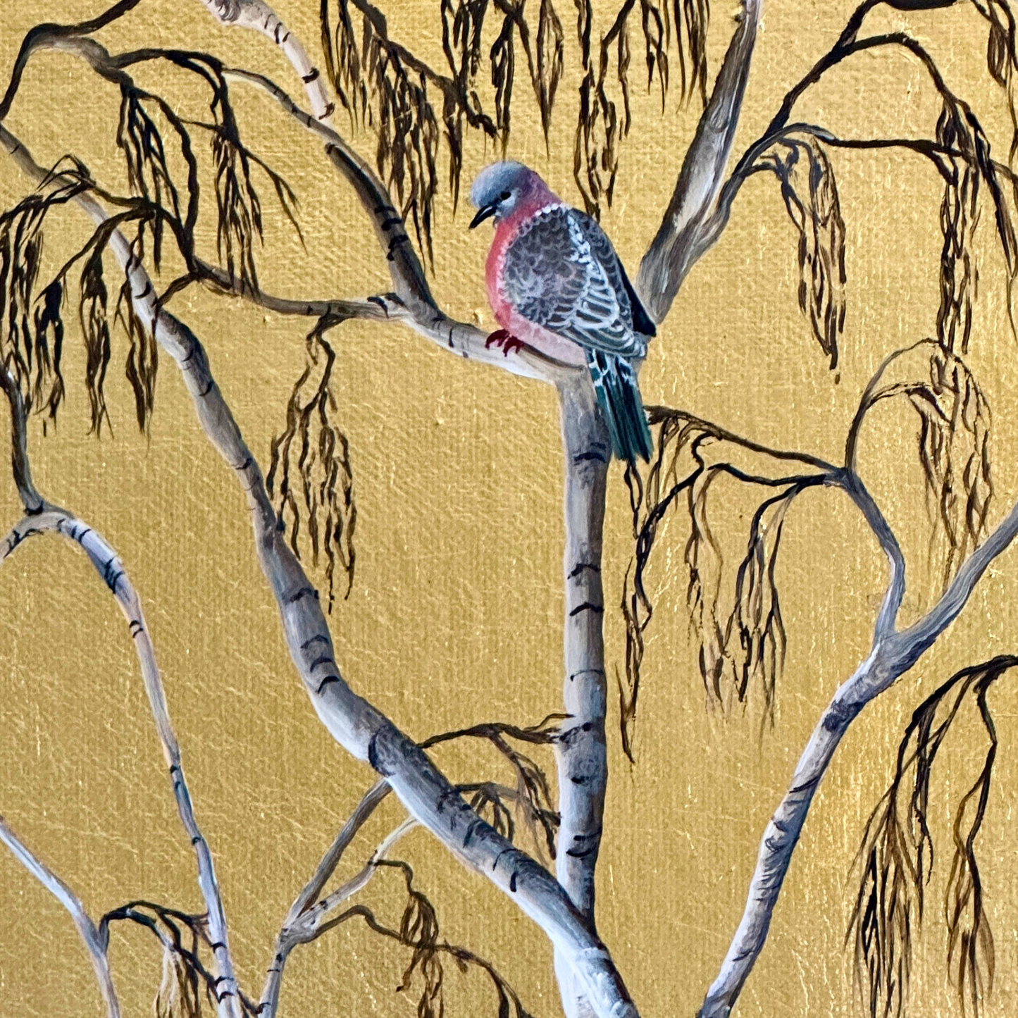 stock dove painting, in acrylics with a gold leaf background