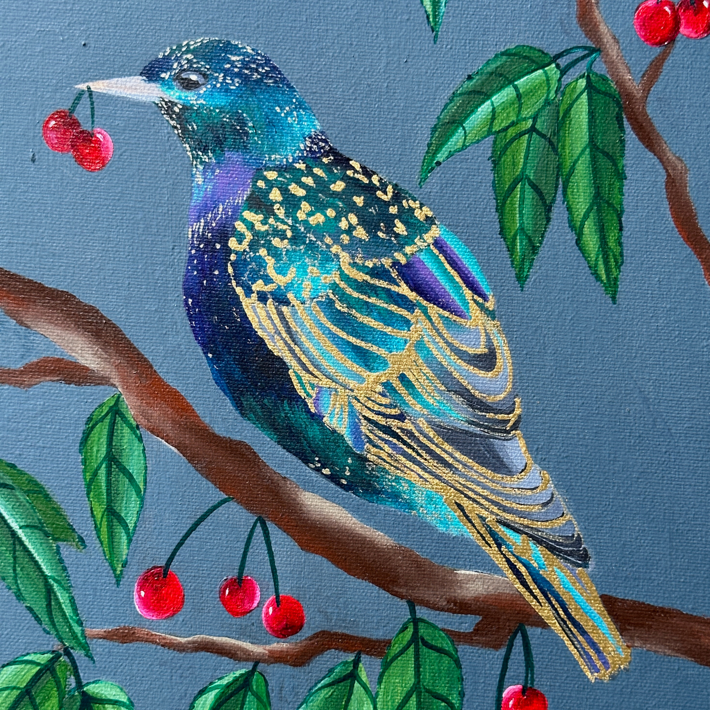 Starlings and Cherries | Dark Botanical Art with 24ct Gold Leaf Details