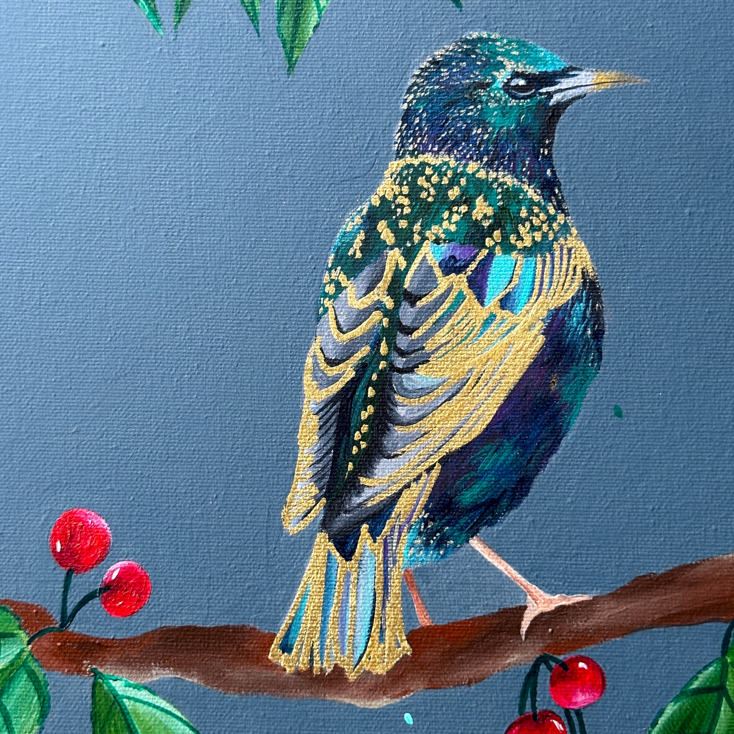 Starlings and Cherries | Dark Botanical Art with 24ct Gold Leaf Details