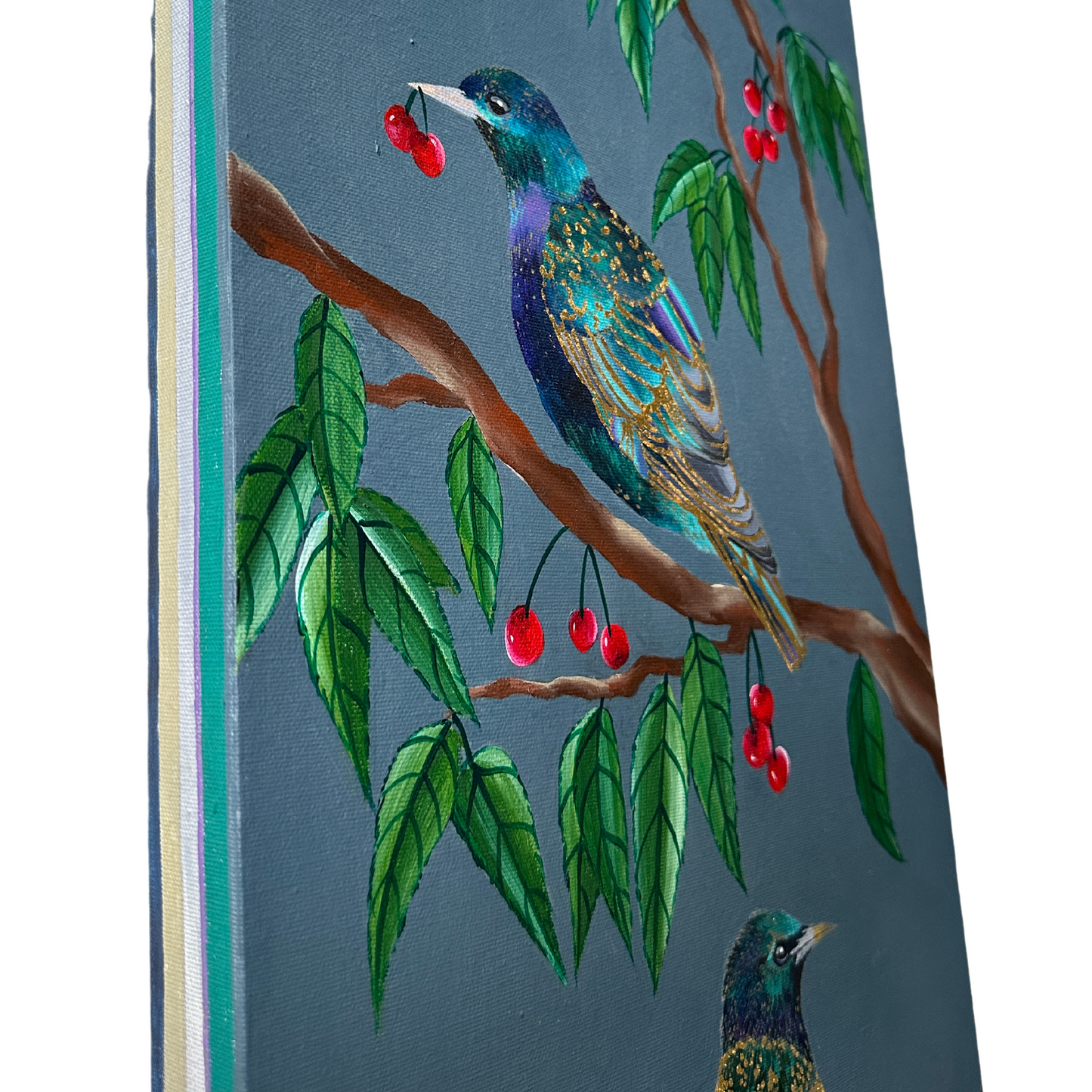 Starlings and Cherries | Dark Botanical Art with 24ct Gold Leaf Details