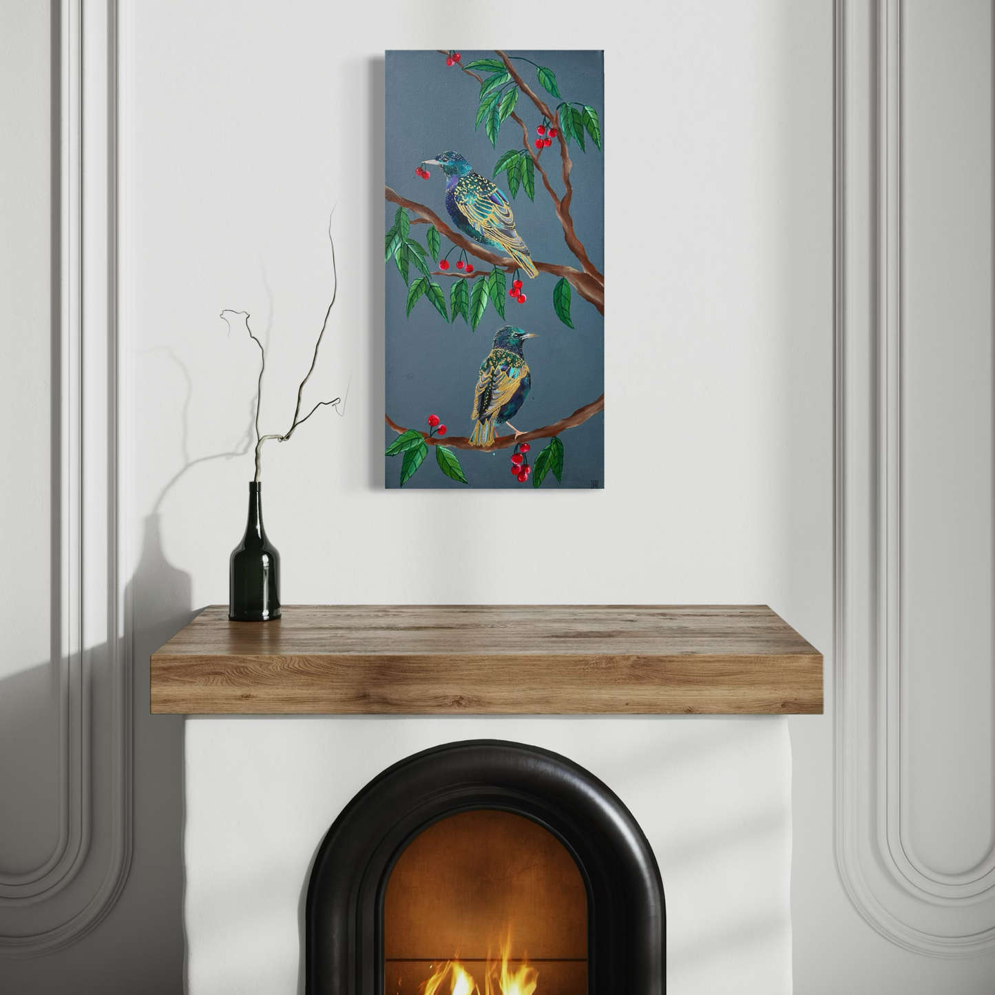 Starlings and Cherries | Dark Botanical Art with 24ct Gold Leaf Details