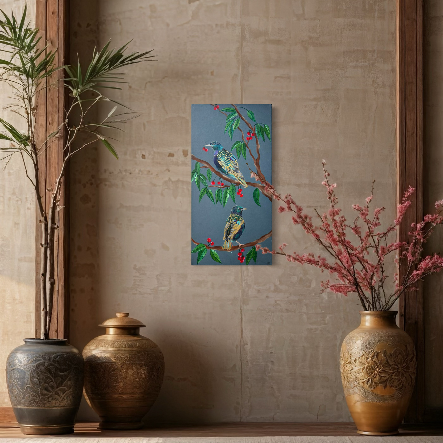 Starlings and Cherries | Dark Botanical Art with 24ct Gold Leaf Details