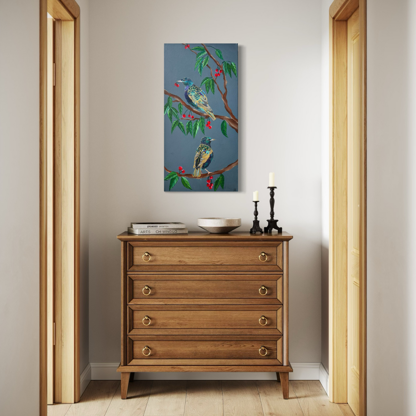 Starlings and Cherries | Dark Botanical Art with 24ct Gold Leaf Details