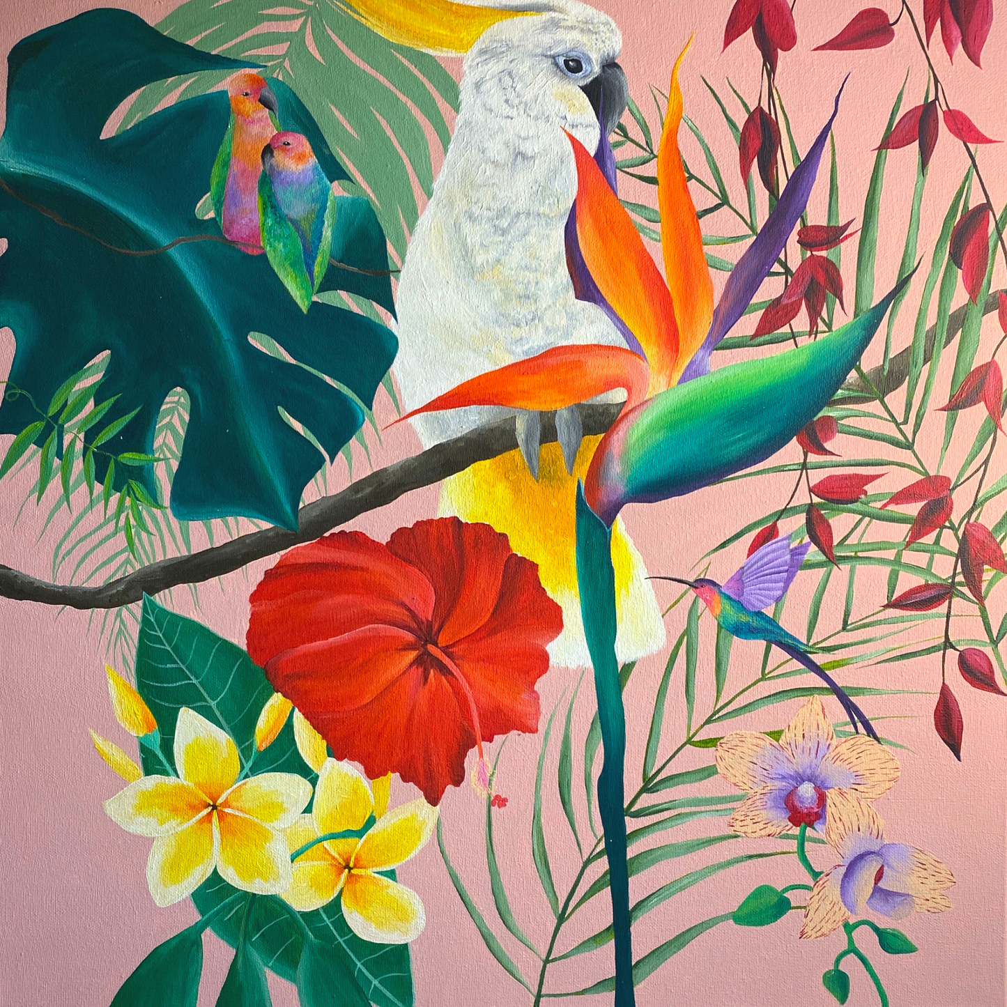 Pink Party | Original Tropical Jungle Painting with Cockatoo