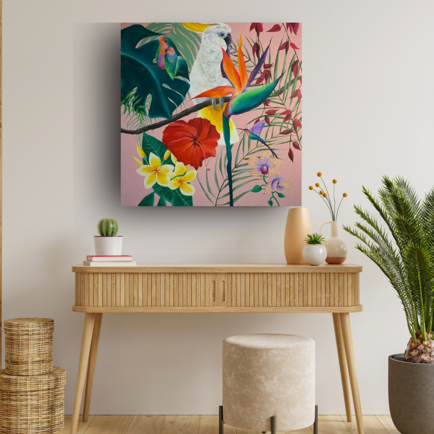Pink Party | Original Tropical Jungle Painting with Cockatoo