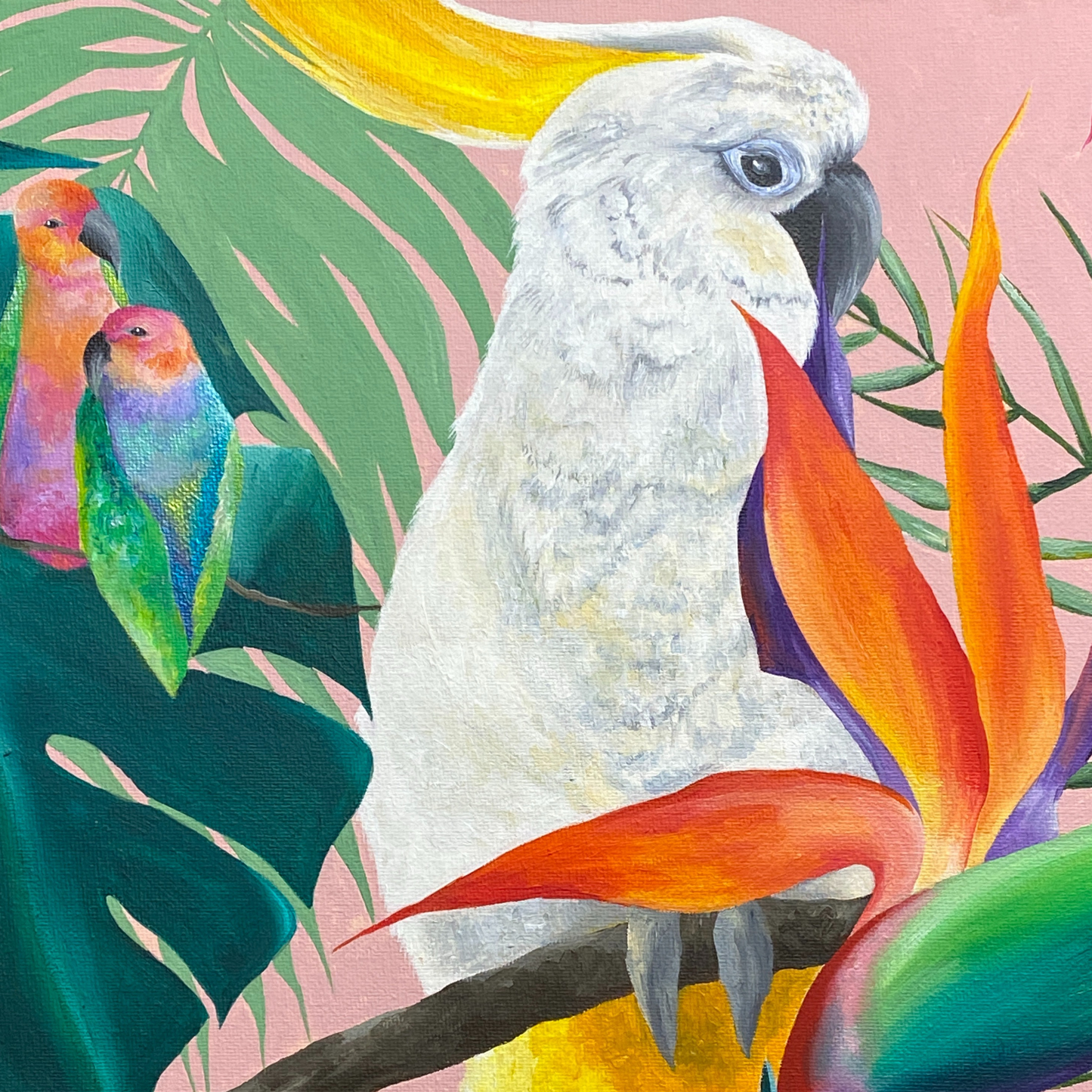 Pink Party | Original Tropical Jungle Painting with Cockatoo