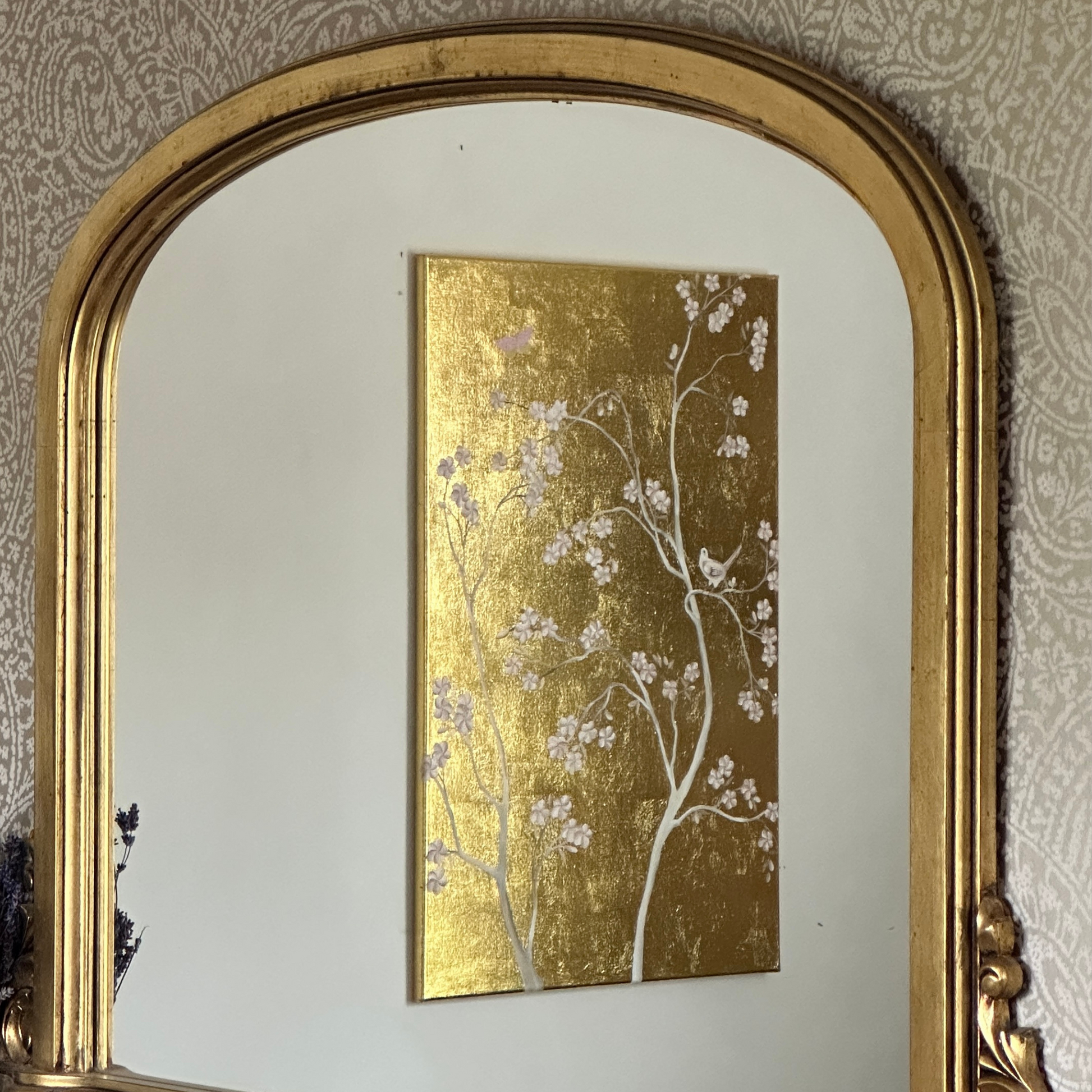 reflection of a Chinoiserie Gold Leaf painting in a mirror