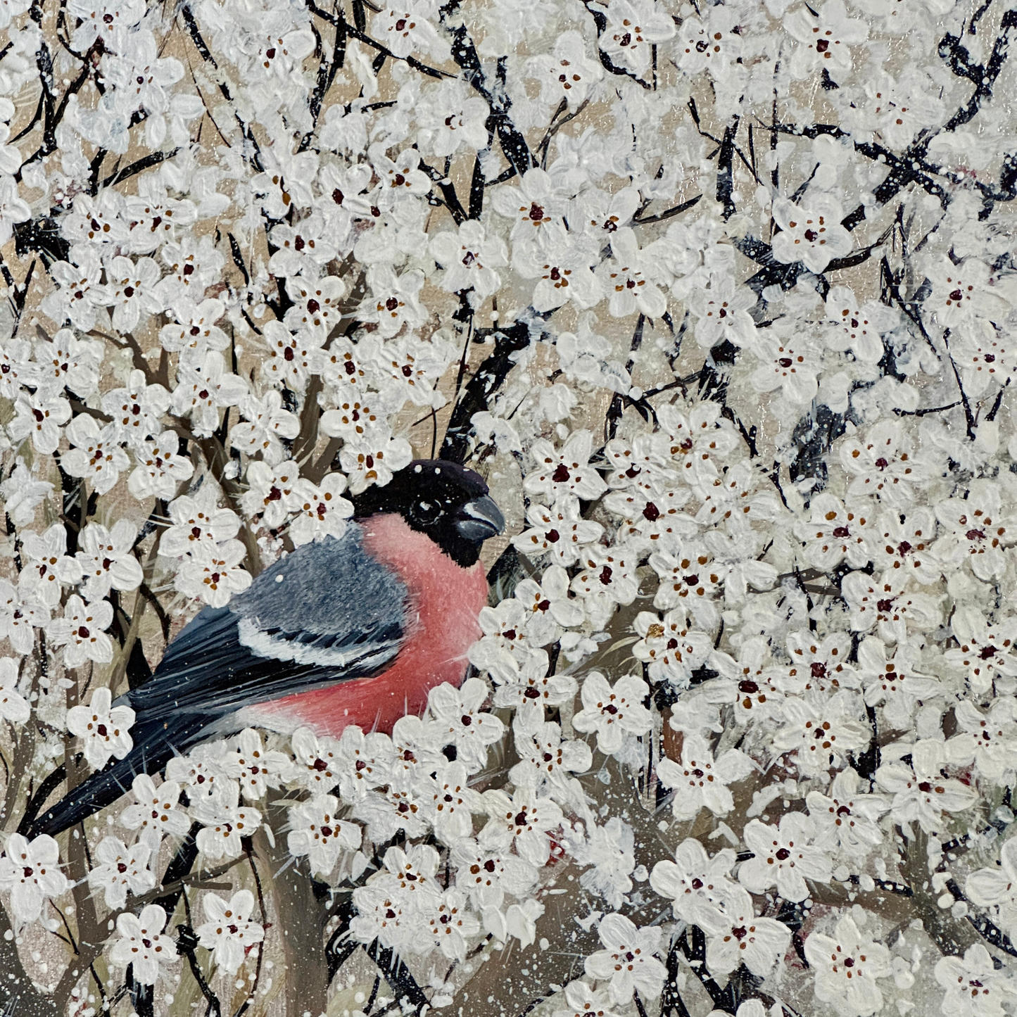 Painting of Bird perched on a branch among white blossom