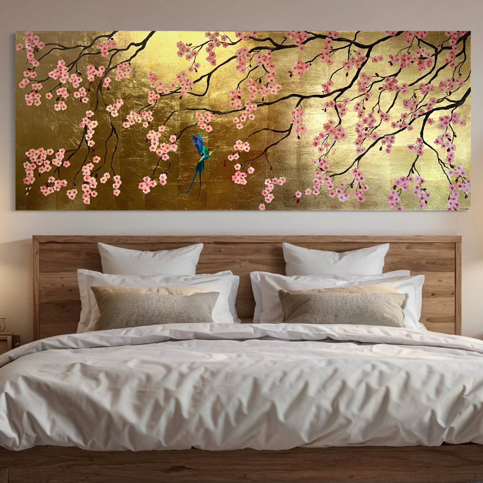 Eternal Springtime - Custom Cherry Blossom Gold Leaf Painting above Bed
