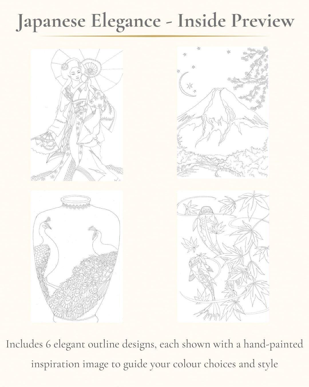 Preview of some of the  Japanese-inspired outline designs included in the colouring book, showing Umi, Mount Fuji, Kujaku, and koi illustrations
