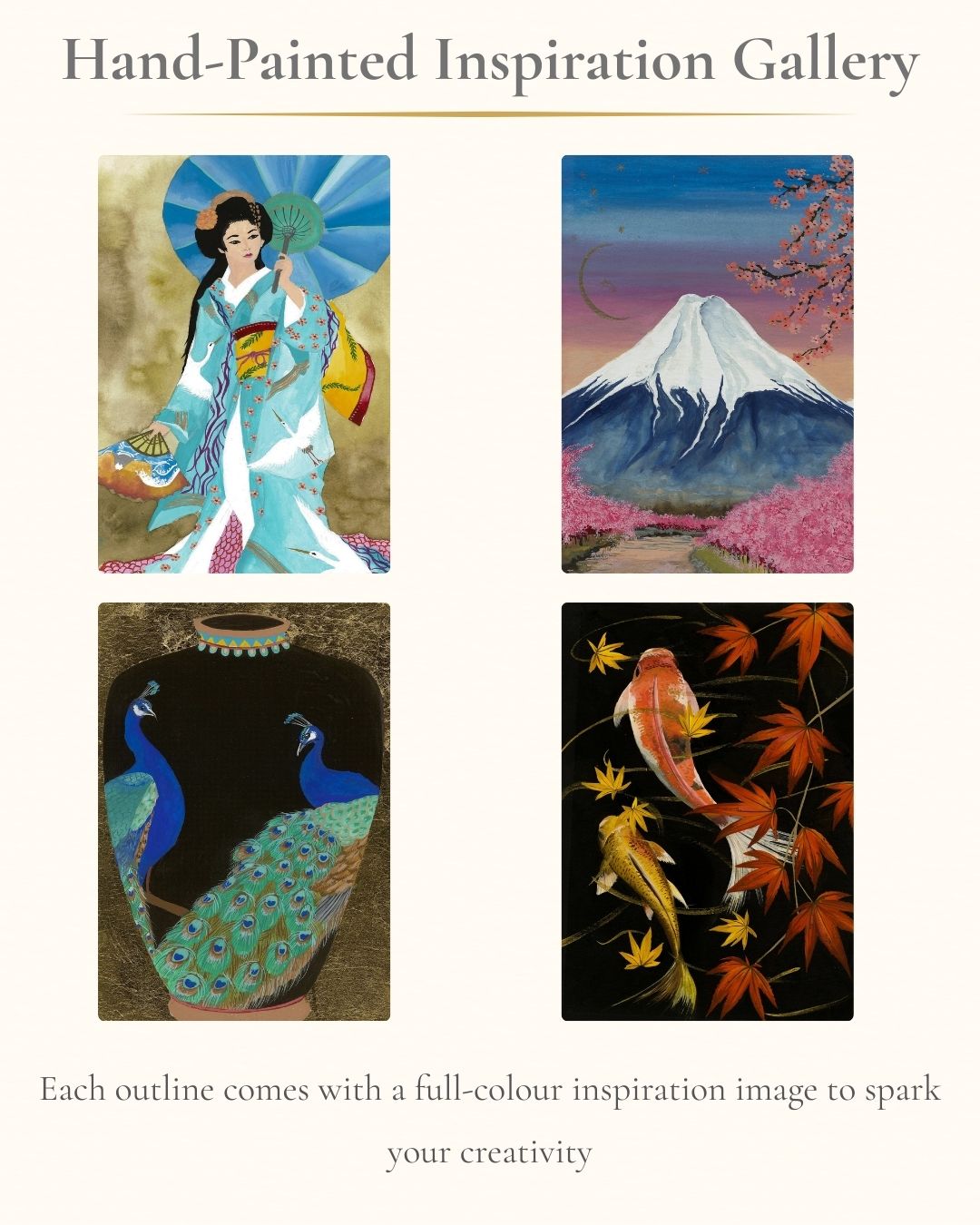 Hand-painted inspiration images for the colouring book, including a geisha, Mount Fuji landscape, peacocks in a vase, and autumn koi fish