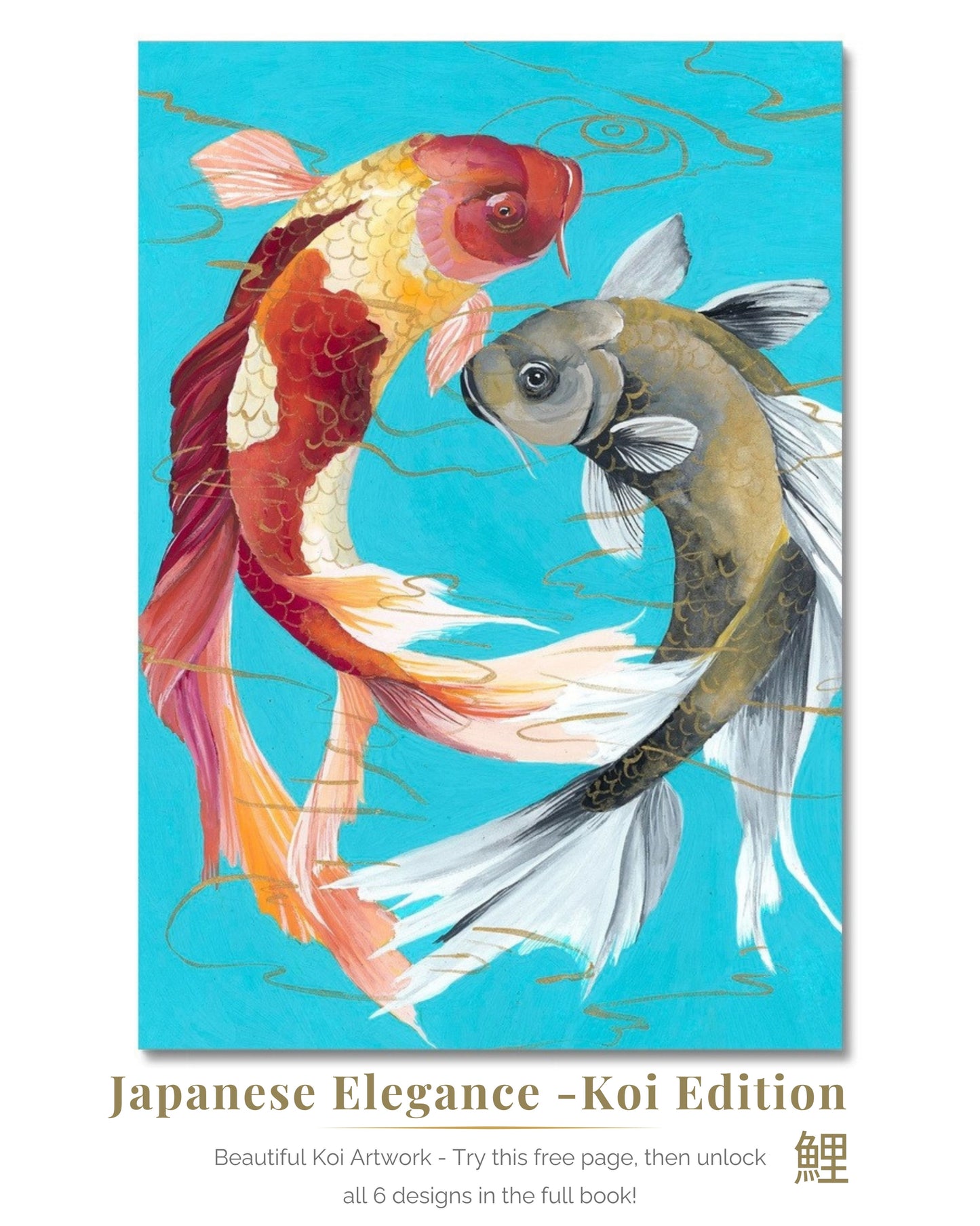 Book cover with two koi fish on a blue background and text 'Japanese Elegance - Koi Edition'.