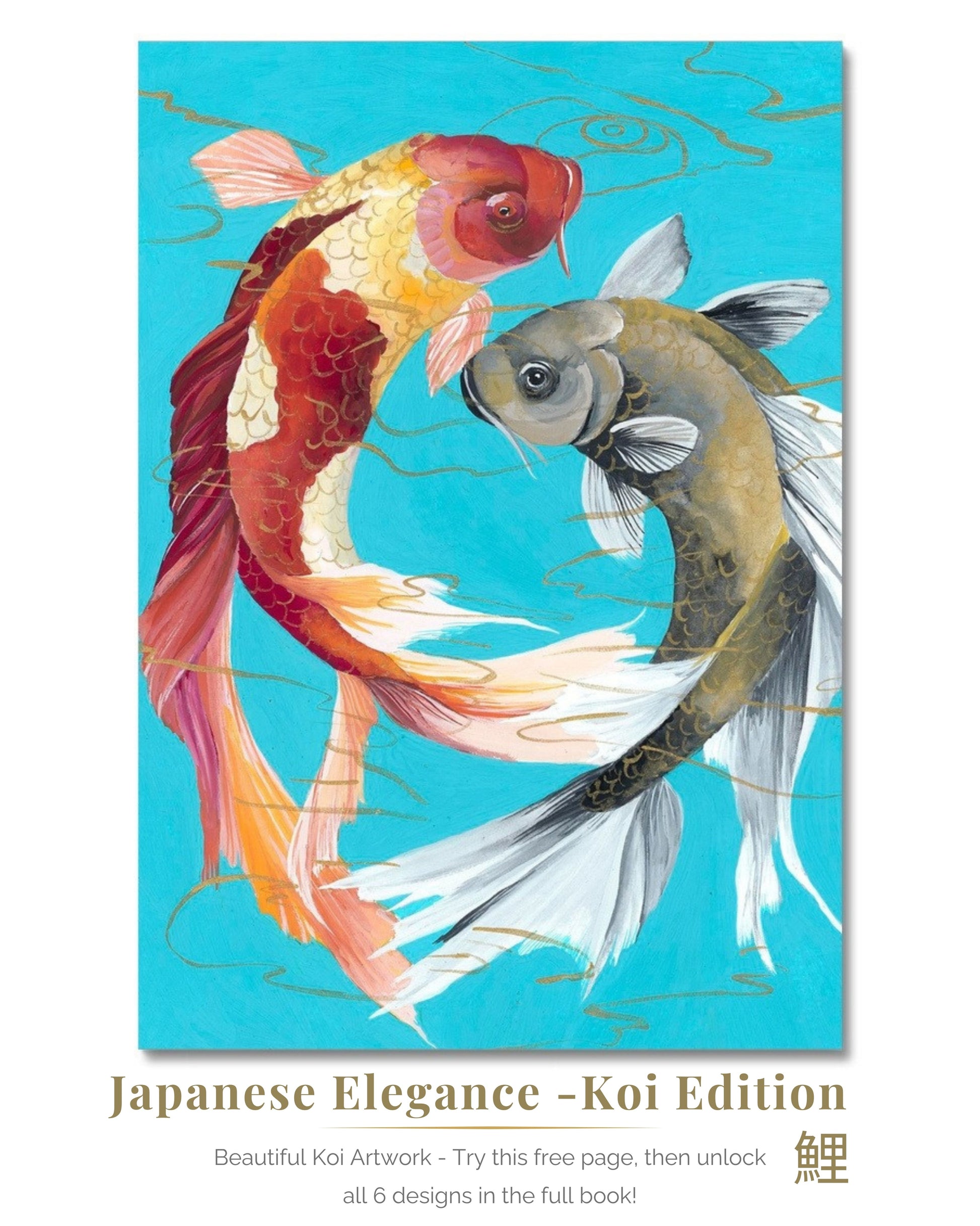 Book cover with two koi fish on a blue background and text 'Japanese Elegance - Koi Edition'.