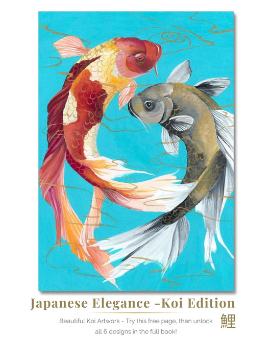 Book cover with two koi fish on a blue background and text 'Japanese Elegance - Koi Edition'.