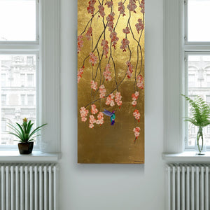 Trailing Blossom and Hummingbird on Goldleaf - Sakura Peach