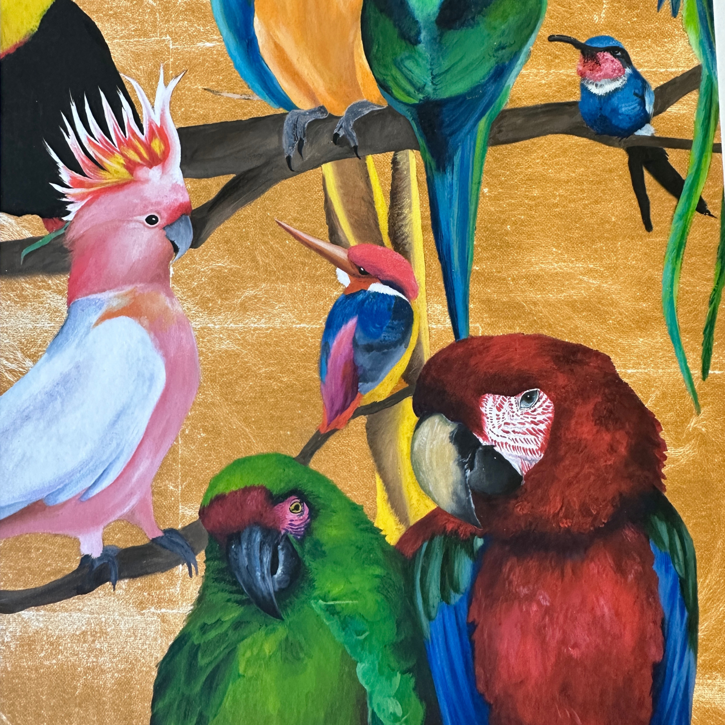 close up of painting of parrots