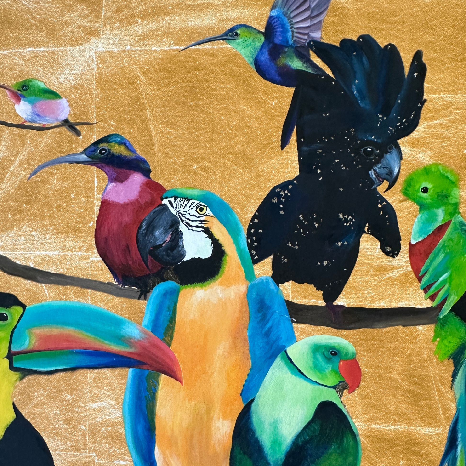 close up of painting of tropical birds