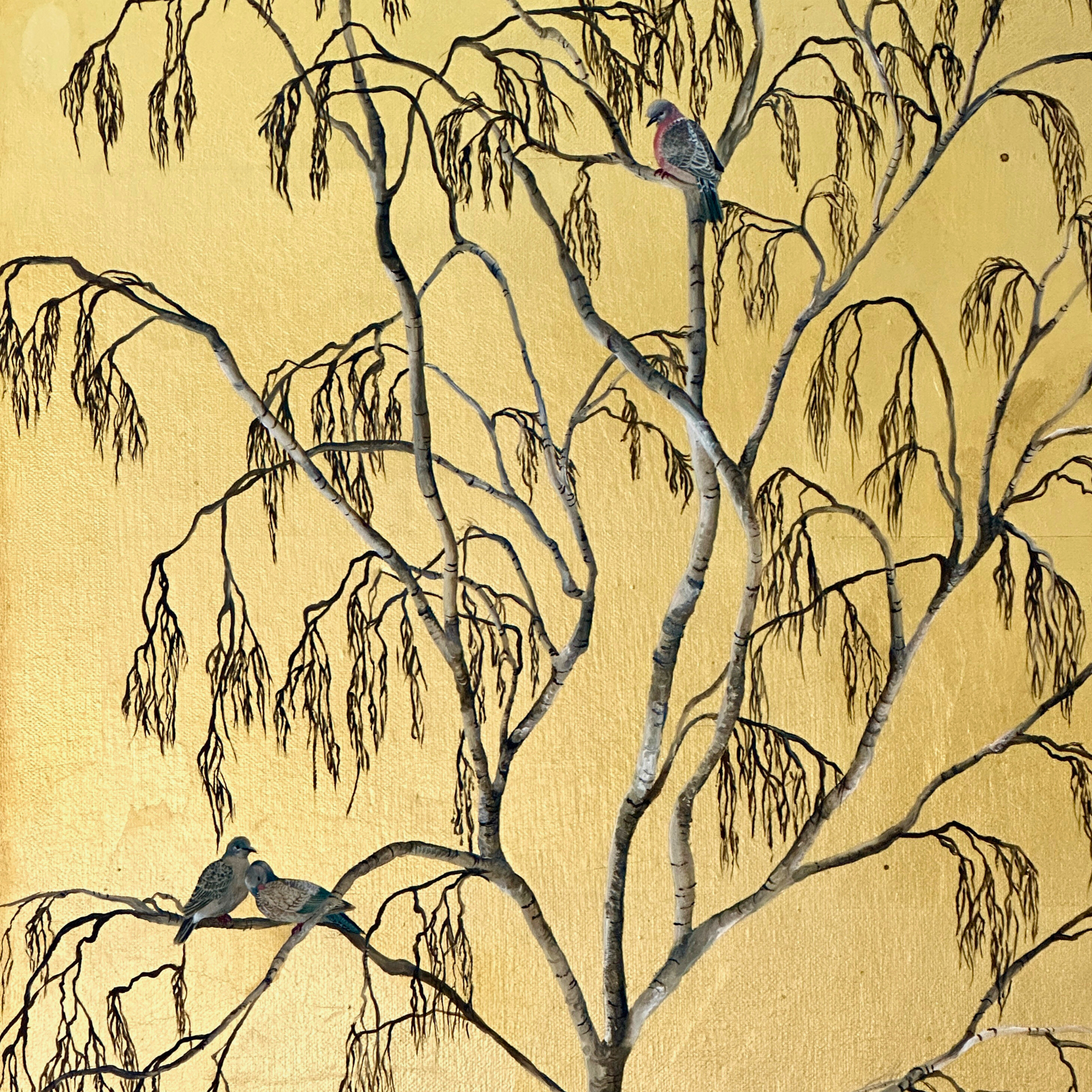 hand painted gold leaf artwrok of stock pigeons resting in a silver birch tree.  Inspired by the view from the artist's bedroom window