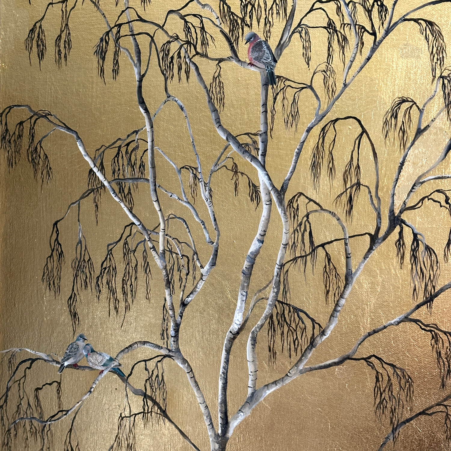 Original artwork, stock doves painted in a silver birch tree.  Canvas with a gold leaf back ground
