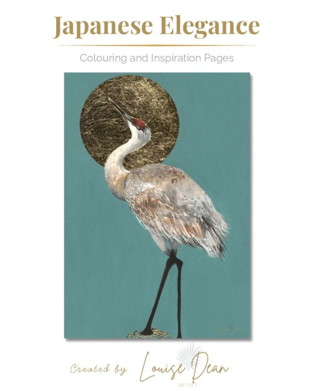 Cover of the Japanese Elegance printable colouring book by Louise Dean, featuring a hand-painted crane and turquoise background.