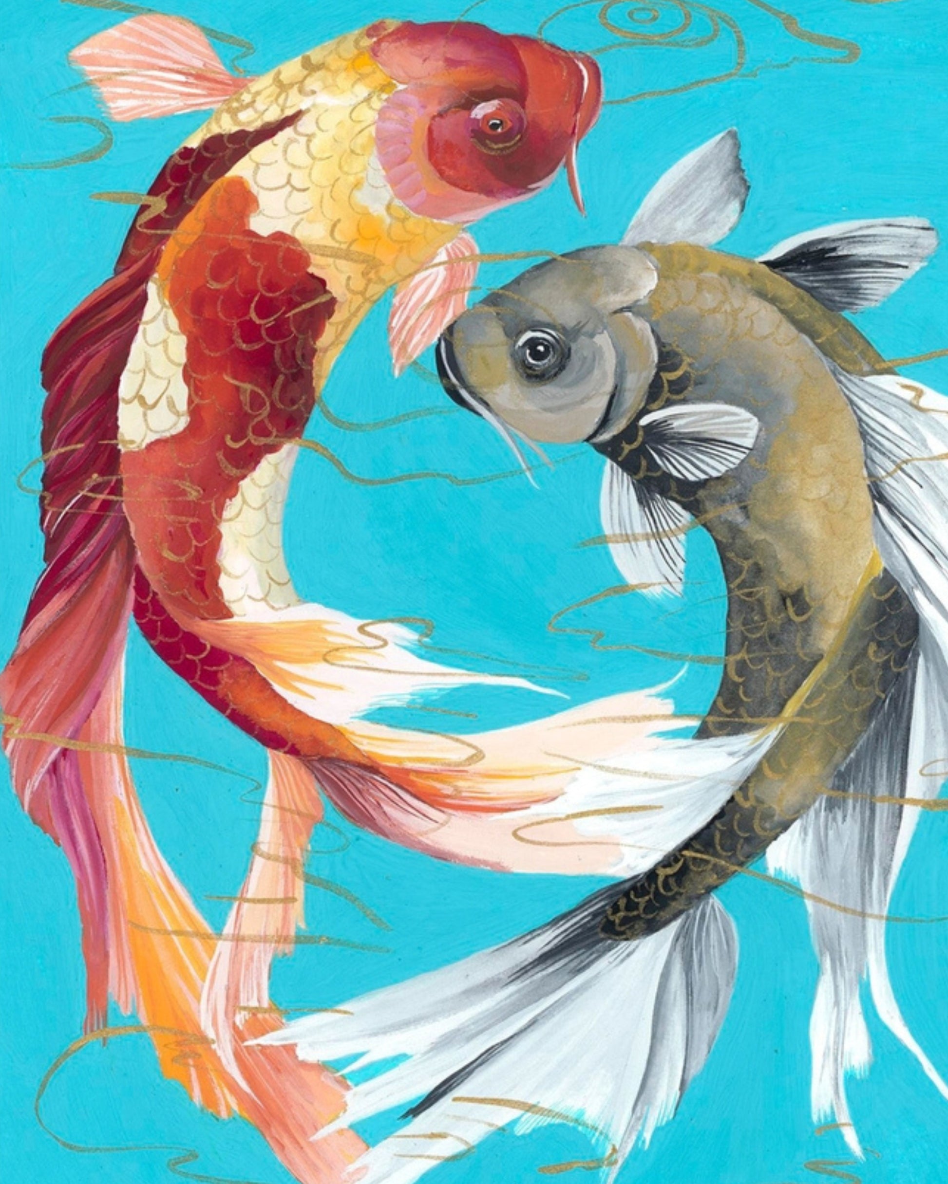 Two Koi fish, one gold and one black and white, on a turquoise background.
