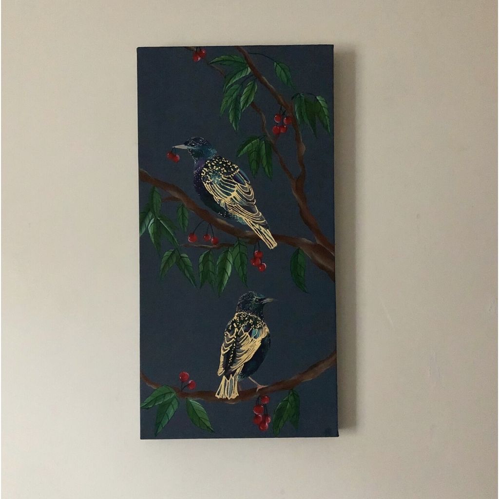 Starlings and Cherries  - emulsion, acrylic and goldleaf painting